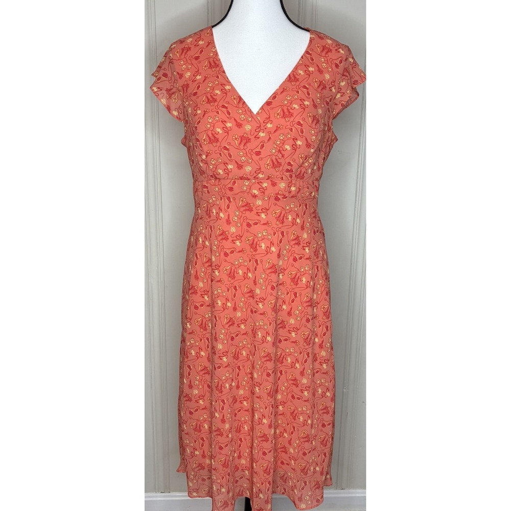 Ombre Midi Dress Womens 10 Orange Floral V-Neck Cap Flutter Sleeve Tie Waist